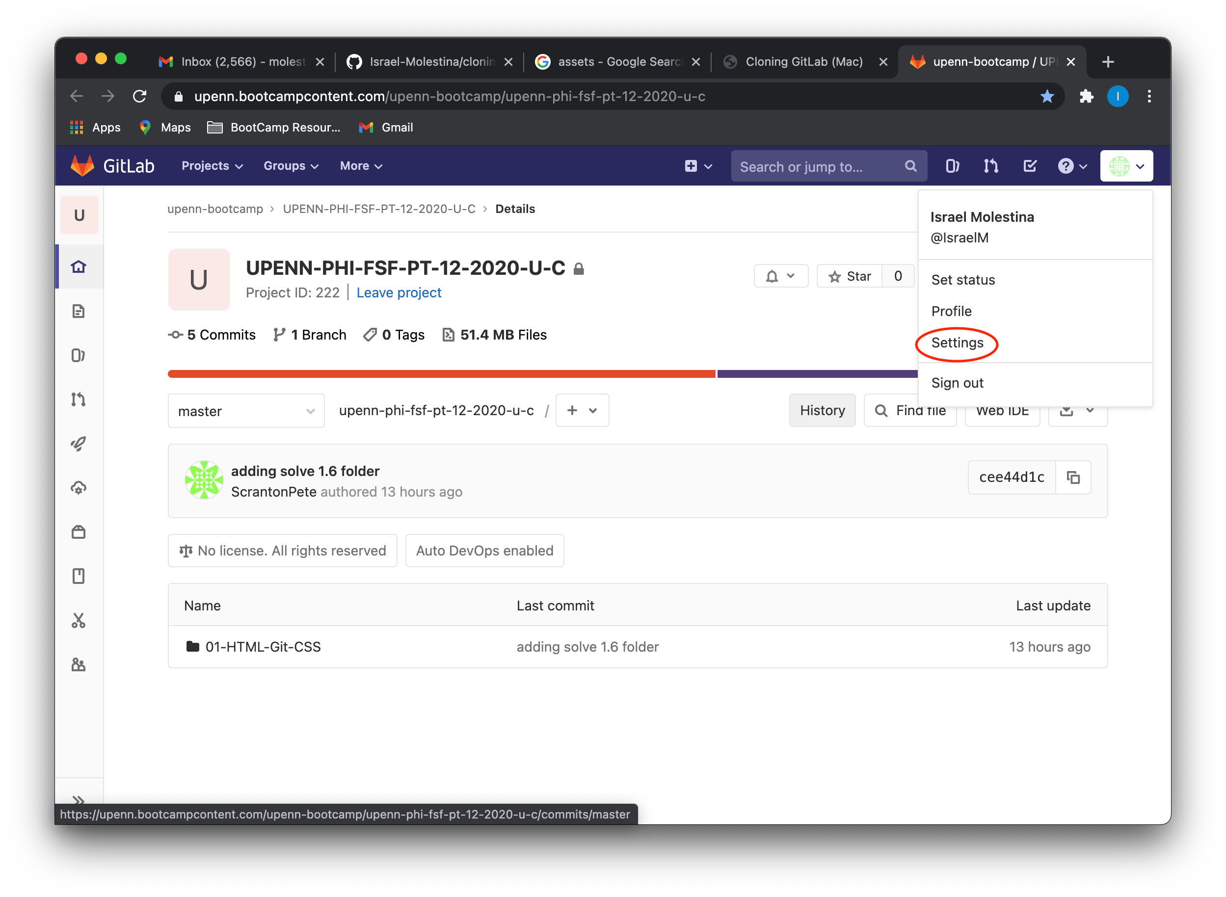 GitLab open with settings cirlced